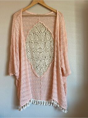 Kori America Knit Open Front Cardigan caftan peach orange crochet Size M/L